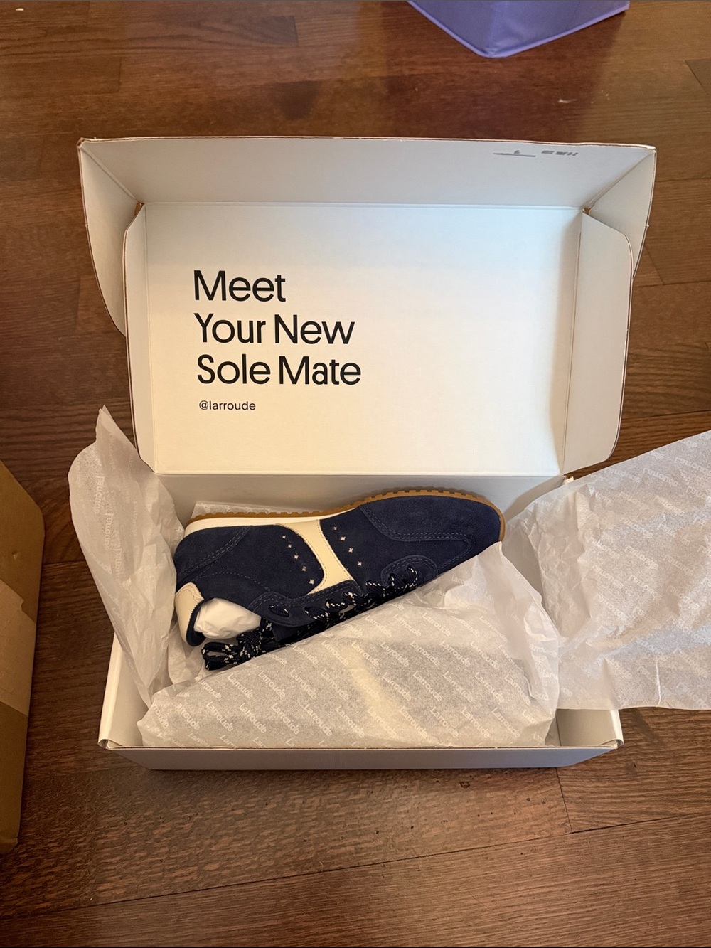 Larroude Stella Sneaker In Navy Suede and Ivory Leather